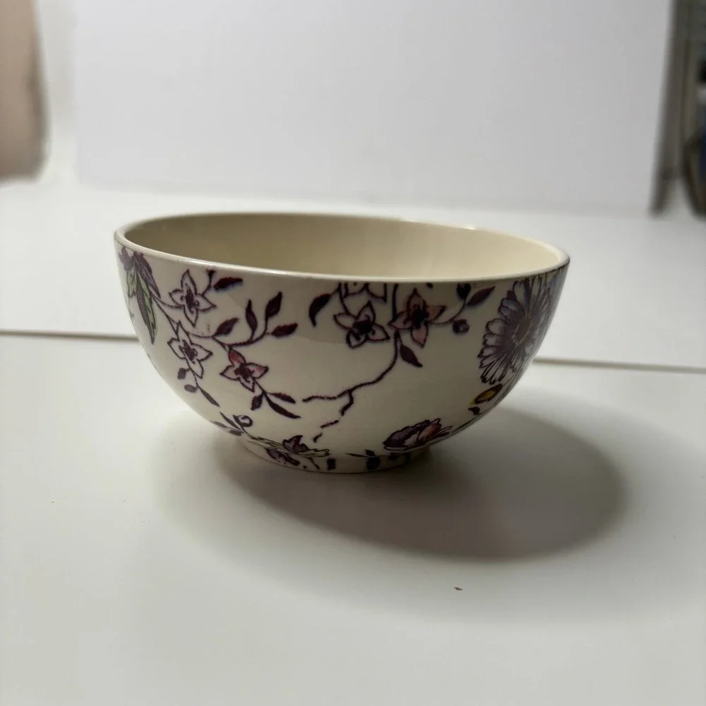 Vintage Vernon Kilns Cream Floral Tea Cup Mug Wide Flat Purple Yellow Classic